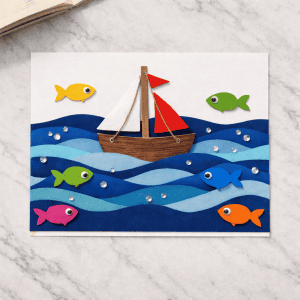 a finished children’s ocean-themed paper collage craft displayed on a light marble tabletop.