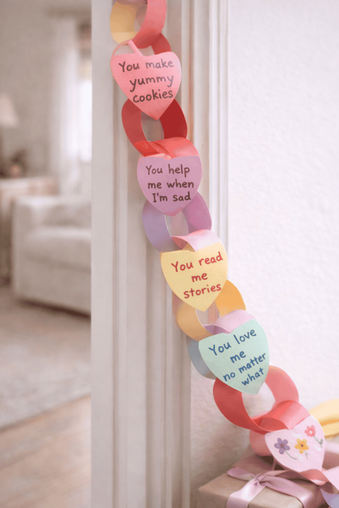 a handmade “Reasons I Love You” paper heart chain created by children as a meaningful Mother’s Day gift.