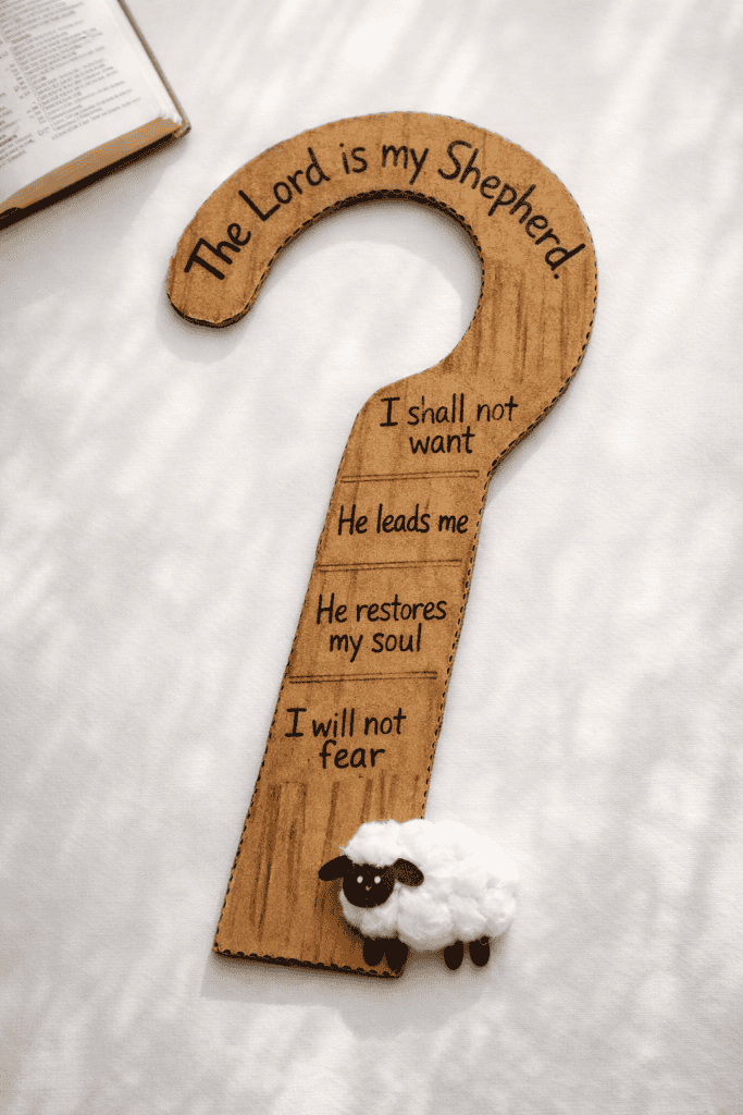 a finished “Psalm 23 Shepherd’s Staff” children’s Bible craft displayed on a neutral tabletop.