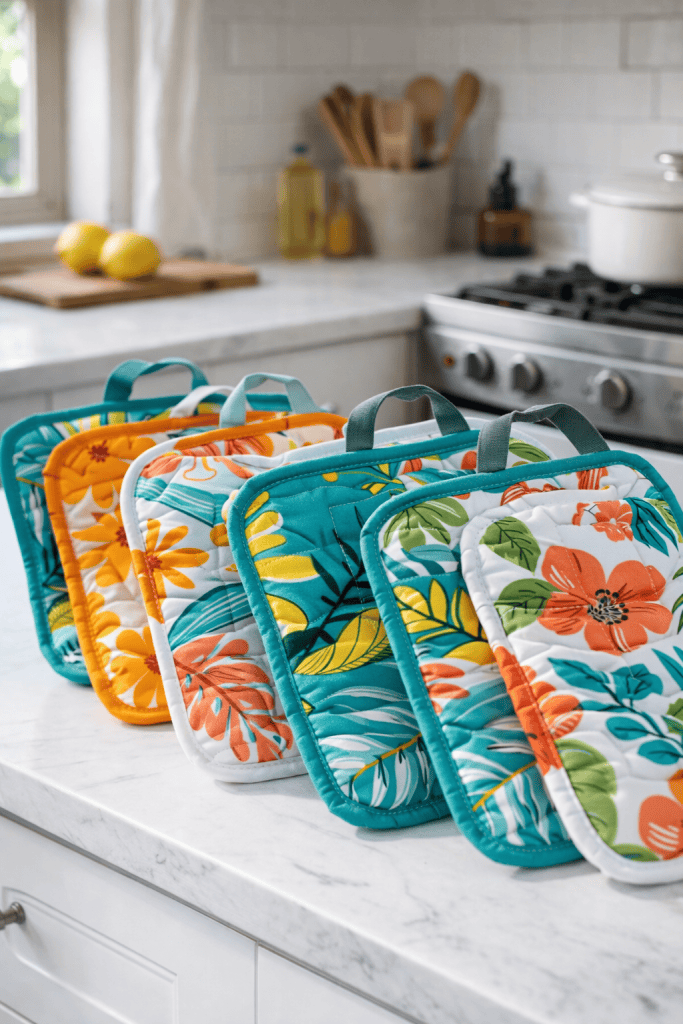 Vibrant quilted pot holders on marble kitchen