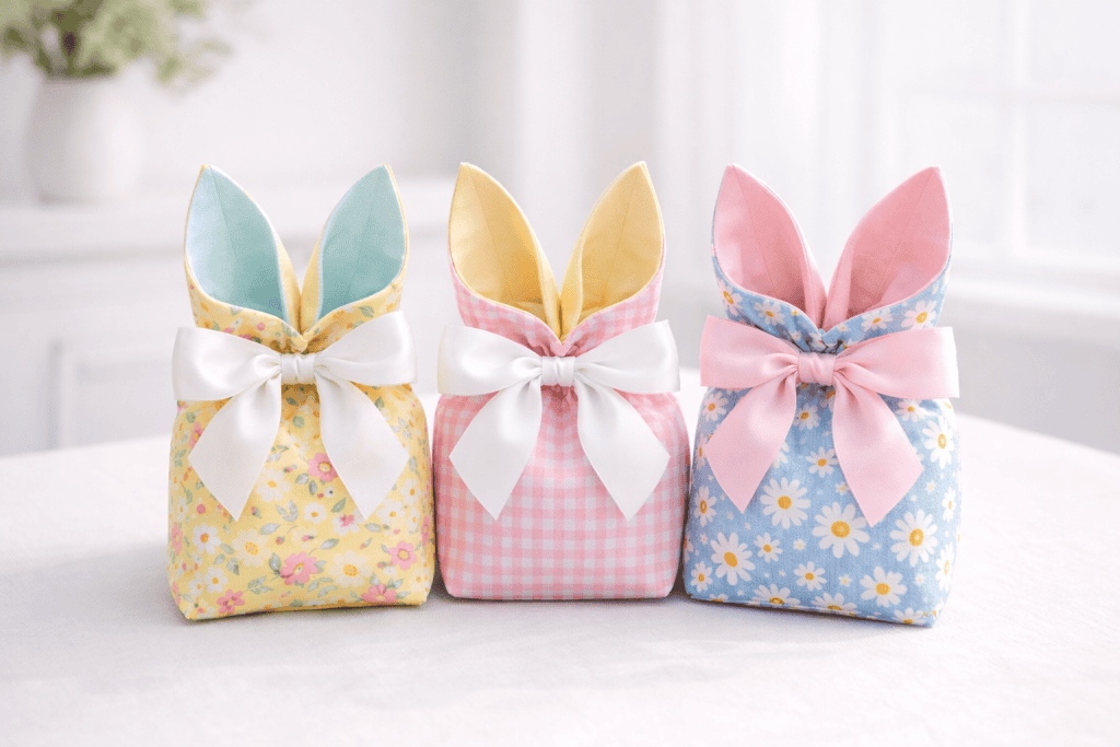 three spring-themed bunny treat bags on a table