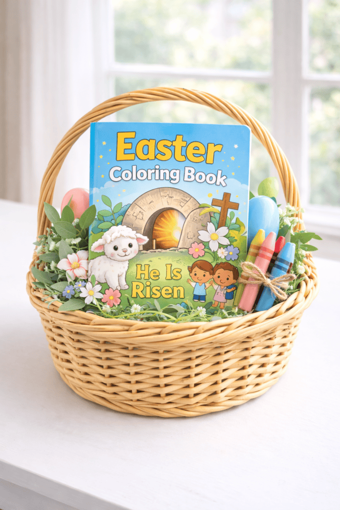 Easter coloring book in a wicker basket 