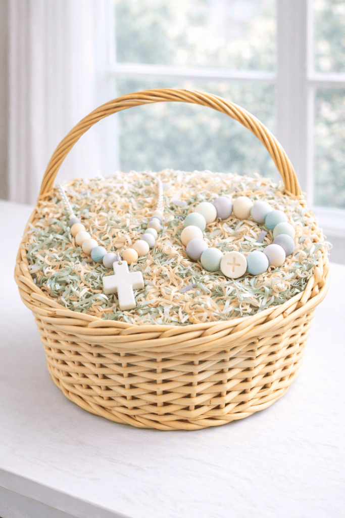 a toddler-safe cross necklace and a soft faith bracelet in a wicker basket