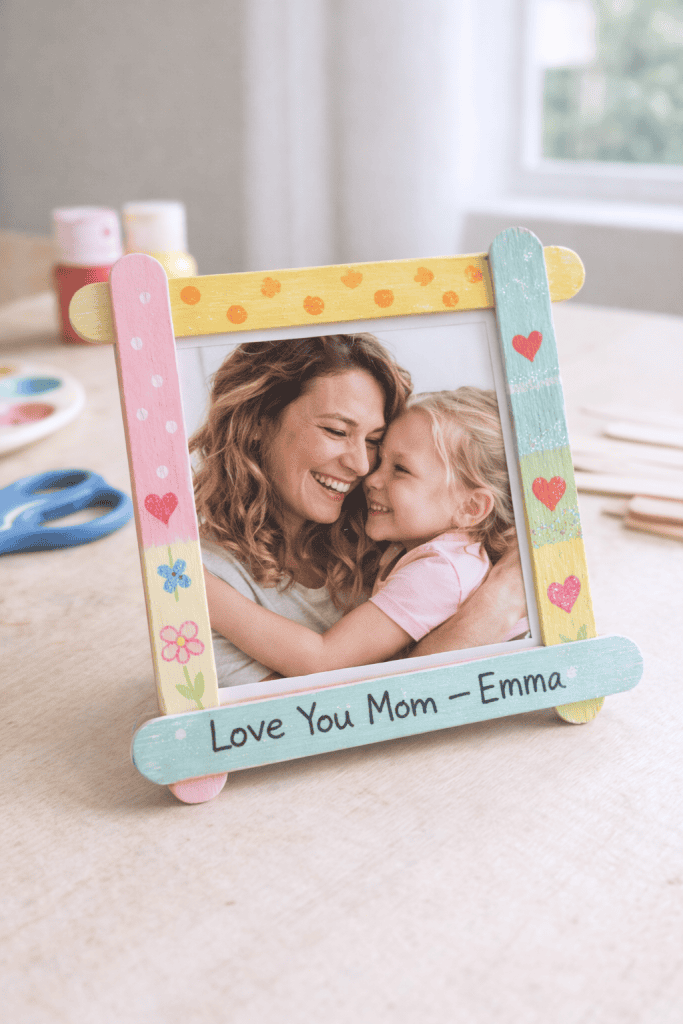 a handmade photo frame crafted by a child as a Mother’s Day gift.