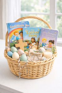 a beautifully arranged faith-based gift basket displayed on a pure white table with a clean, smooth matte finish.