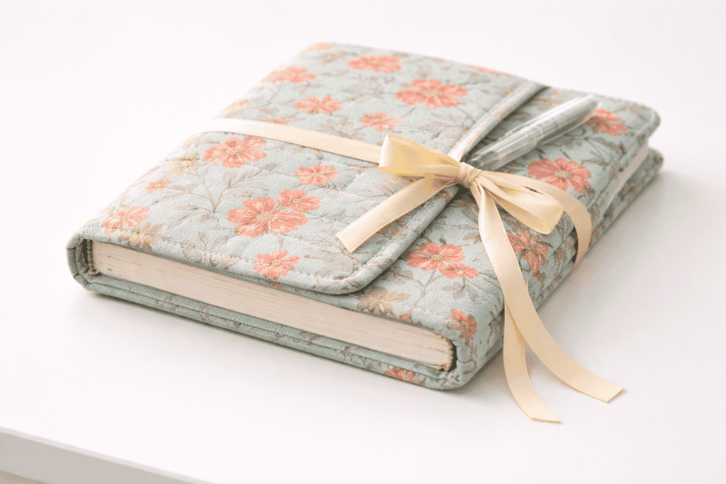 Delicate fabric-bound notebook with satin bow
