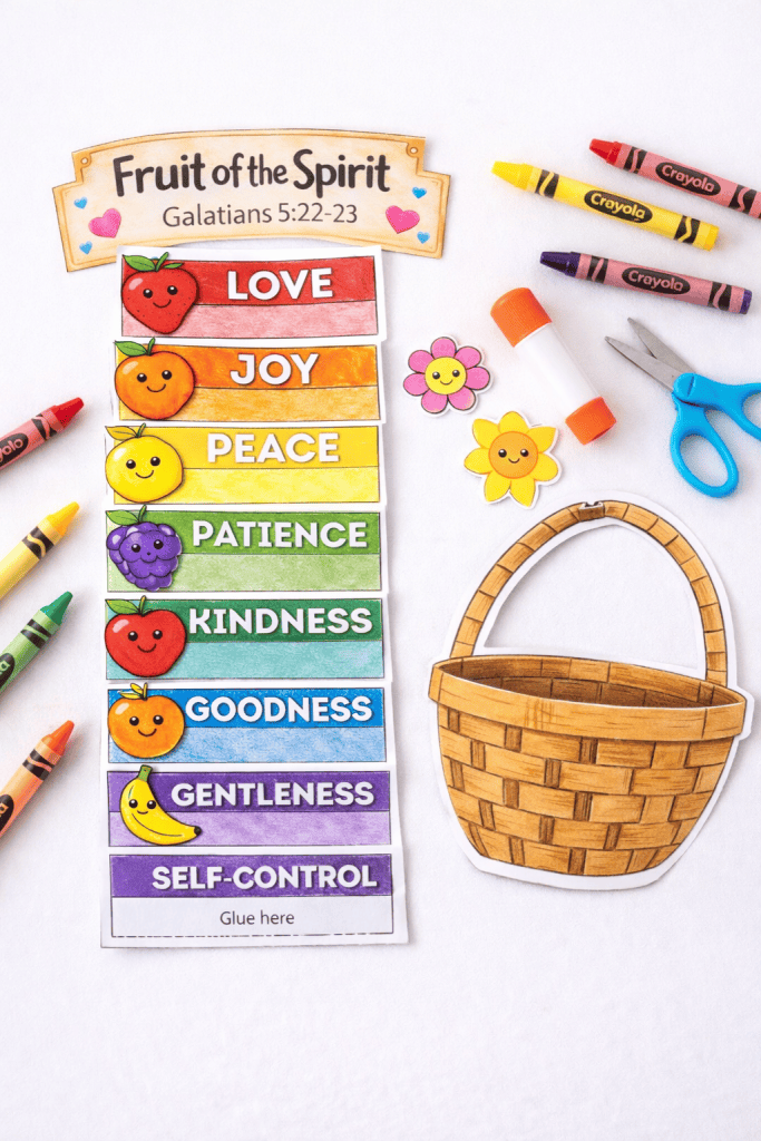 Fruit of the Spirit basket craft printable cut and colored, showing the accordion fruit strip and basket cutout on a white background with crayons, scissors, and glue.