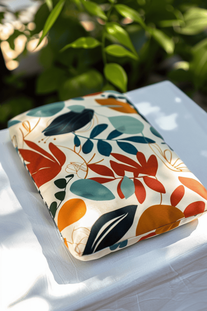 A freshly handmade garden kneeling pad displayed on a crisp white table set outdoors.