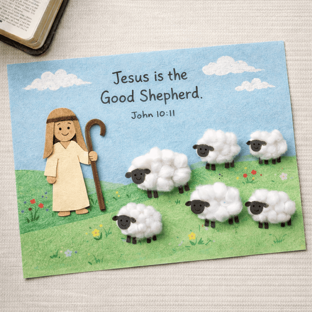 a finished “Shepherd and Sheep” children’s Bible craft