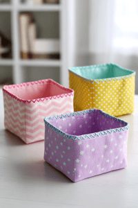 three handmade fabric storage baskets placed on a clean white tabletop