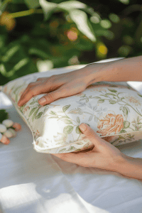 woman’s hand gently holding a handmade, spring-themed sewn pillow cover.