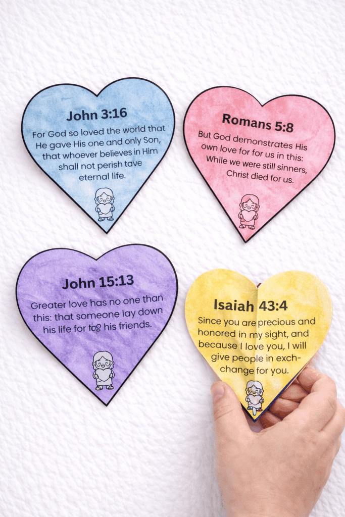 Colorful heart cutouts with Bible verses