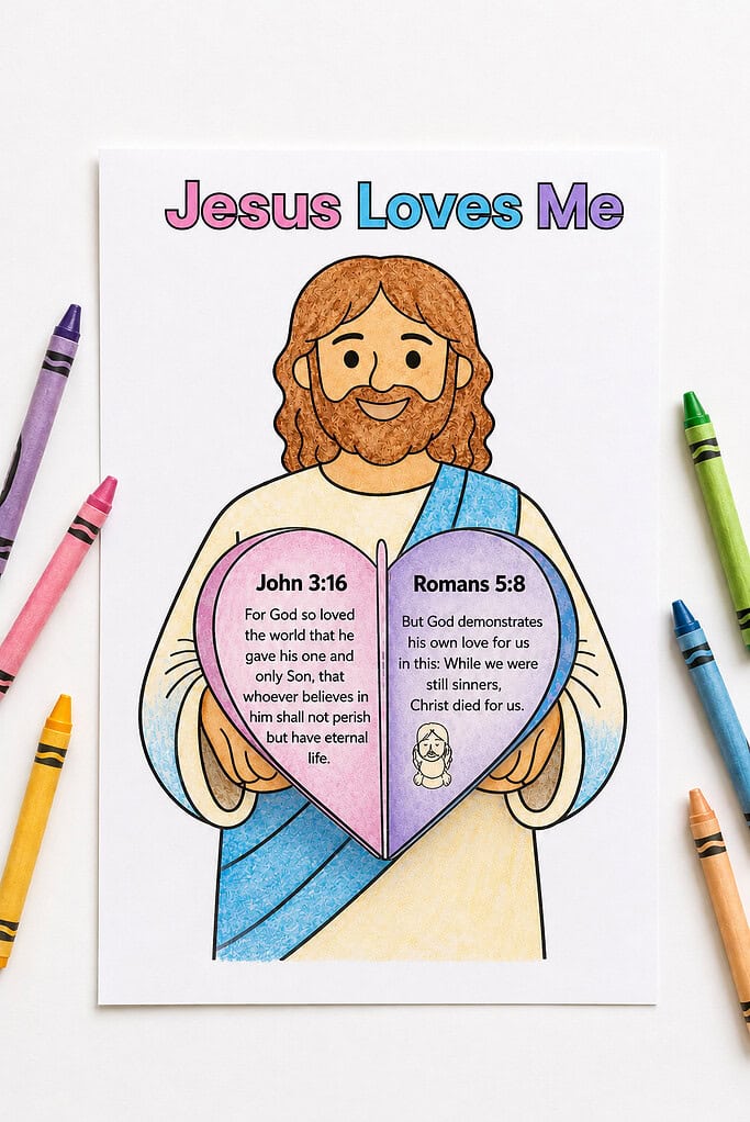 Colorful “Jesus Loves Me” coloring page on a bright white table, featuring Jesus holding a heart-shaped book with Bible verses, surrounded by crayons.