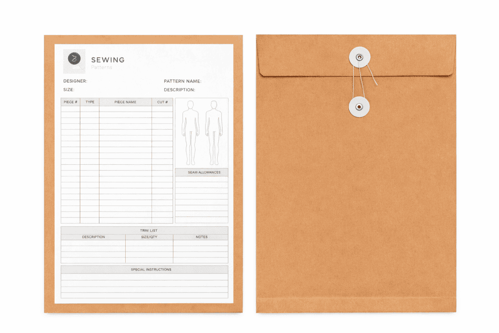 a sewing pattern envelope with printable label pasted on it