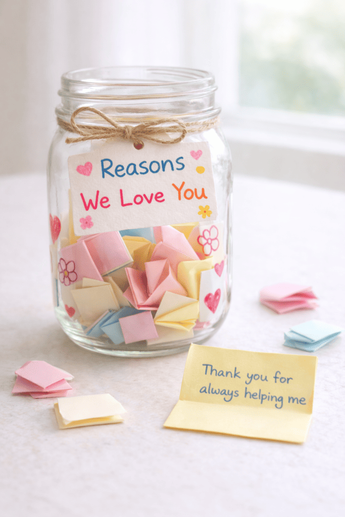 a decorated Mason jar memory jar created as a meaningful Mother’s Day gift.