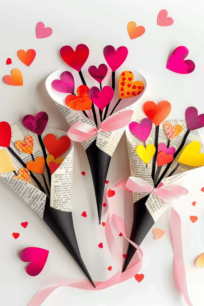 three handmade paper heart bouquets crafted from colorful cardstock and recycled book pages.