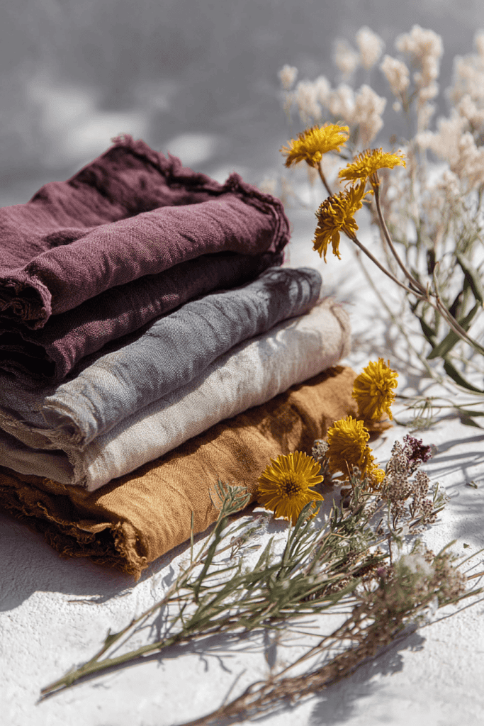 hand-dyed fabric swatches arranged horizontally in a neat row on a bright, crisp white tabletop background