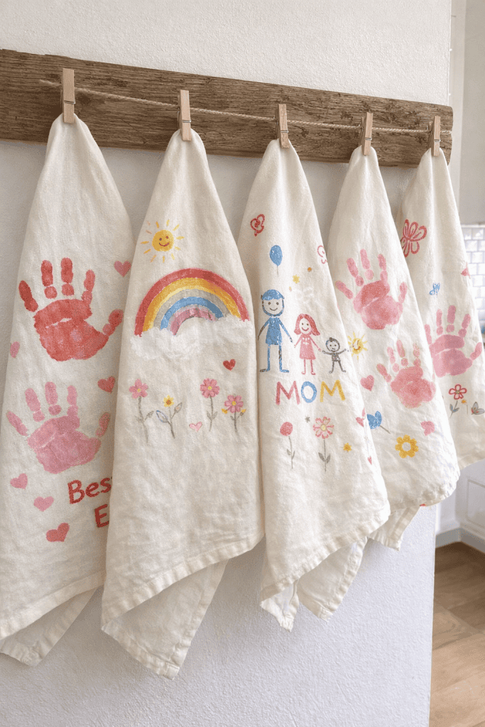 several handmade kid-designed tea towels hanging from a rustic wooden wall rack with small clothespins