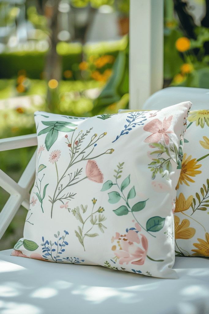 Two freshly made, spring-inspired throw pillow covers neatly arranged on a crisp white table set outdoors. 