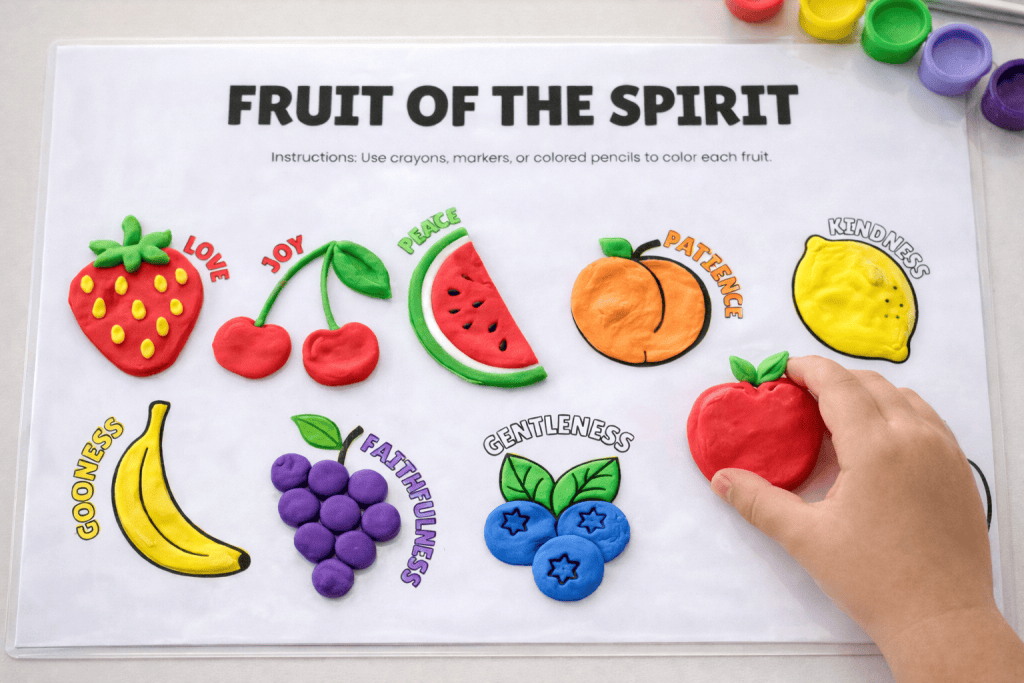 a children’s “FRUIT OF THE SPIRIT” activity worksheet featuring colorful 3D clay fruit pieces placed directly on top of printed fruit outlines.