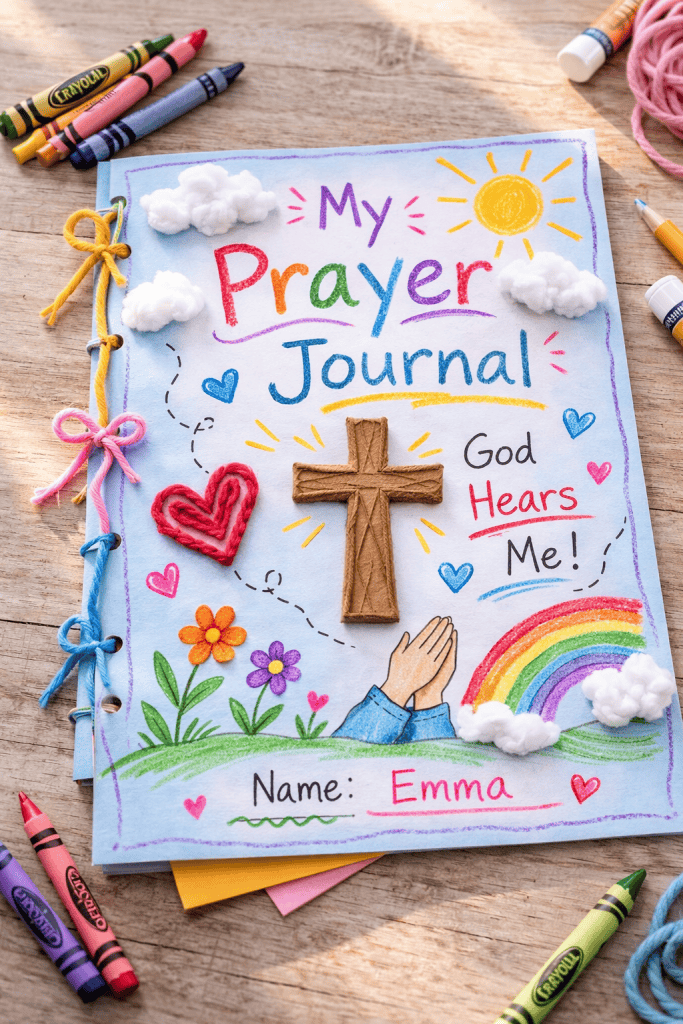 a finished children’s “Prayer Journal Cover” craft made using construction paper, colorful yarn, Crayola crayons, and cotton