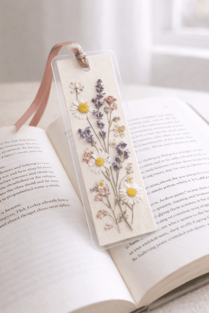 a handmade pressed flower bookmark designed as a meaningful Mother’s Day gift for a book-loving mom