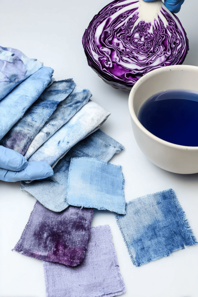 red cabbage as a natural dye producing blue and lavender tones on fabric.