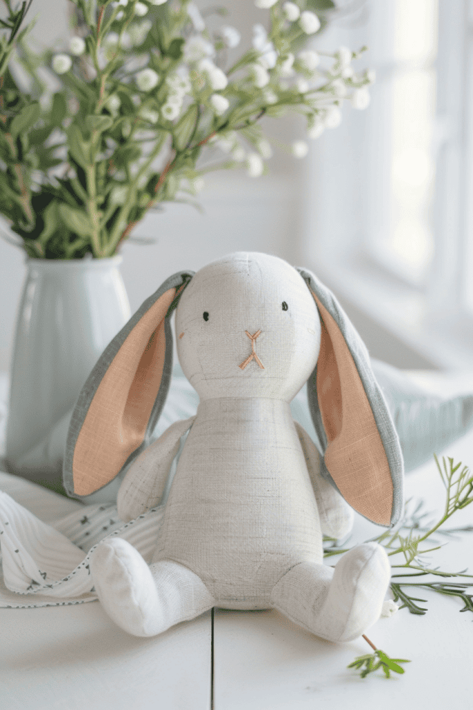 A softly handmade bunny plush designed as a springtime toy, displayed on a clean white table in a bright, airy setting. 