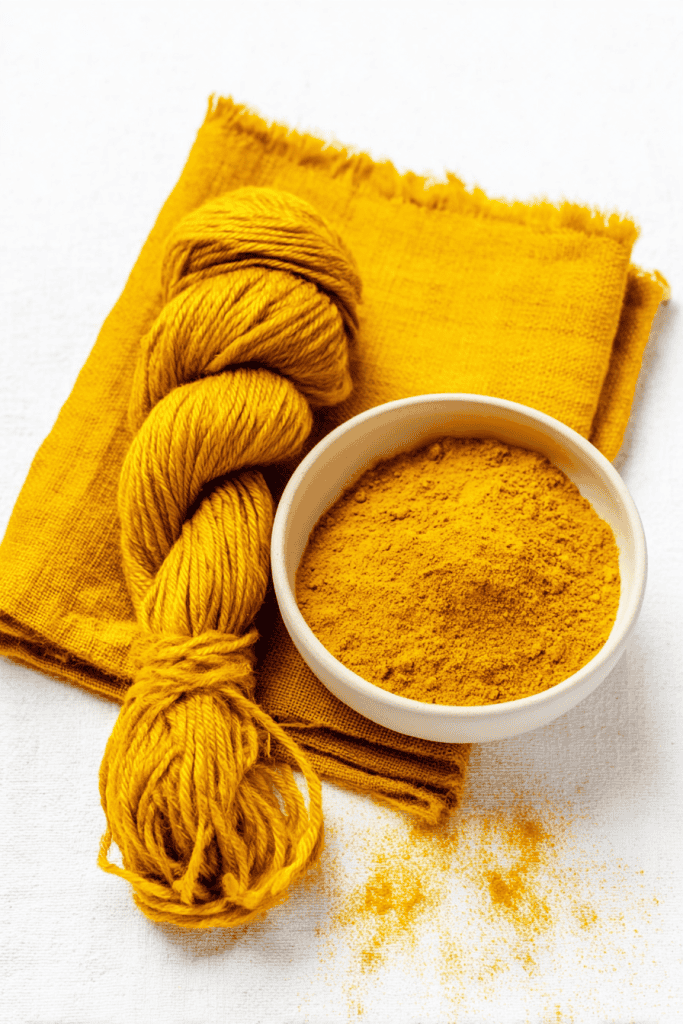 A folded hand-dyed fabric swatch (cotton or linen) dyed a rich turmeric yellow, with visible weave and softly frayed edges