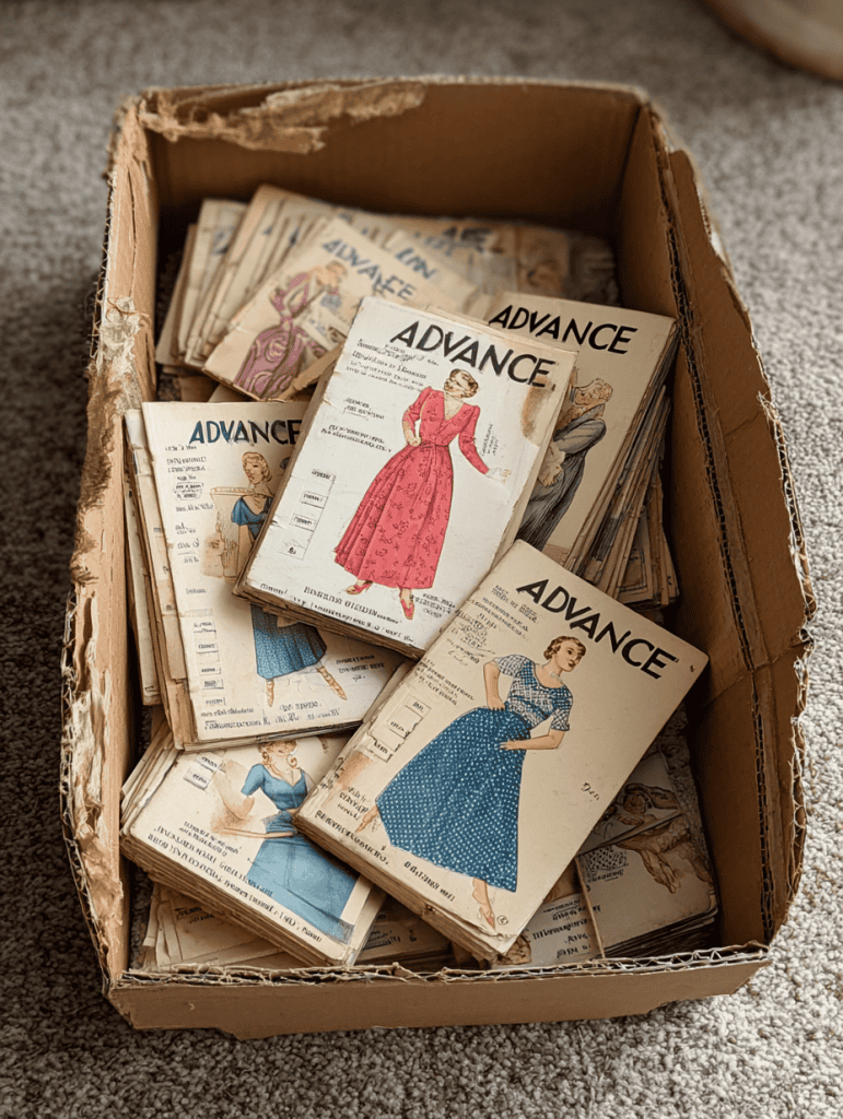 a vintage cardboard box filled with mid-20th-century sewing pattern envelopes