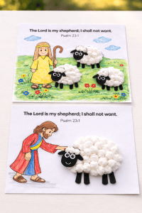 Two completed Psalm 23 sheep crafts made with cotton balls placed on printed Bible activity pages, showing “The Lord is my shepherd; I shall not want. Psalm 23:1,” with a shepherd scene and fluffy 3D cotton ball sheep.