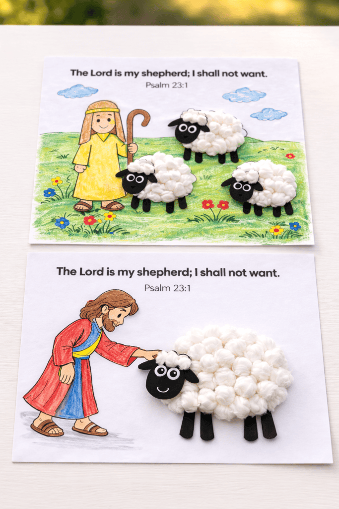 Two completed Psalm 23 sheep crafts made with cotton balls placed on printed Bible activity pages, showing “The Lord is my shepherd; I shall not want. Psalm 23:1,” with a shepherd scene and fluffy 3D cotton ball sheep.