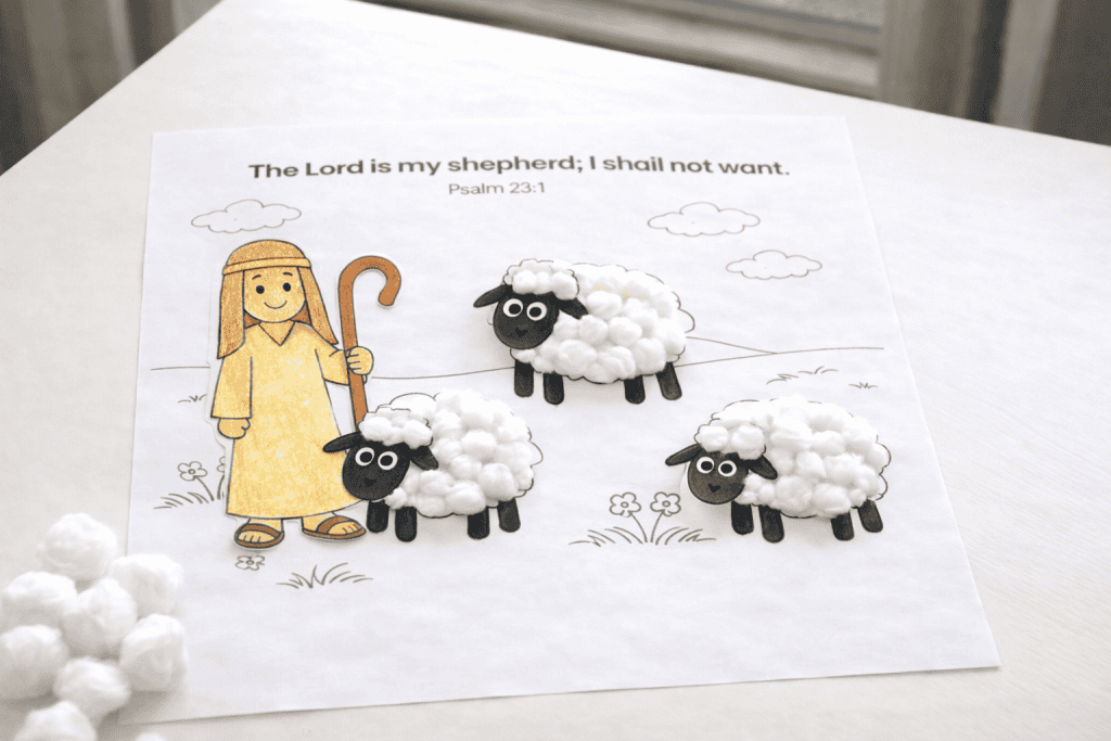 Psalm 23 shepherd and sheep craft partially colored with cotton ball sheep on a Bible activity page.