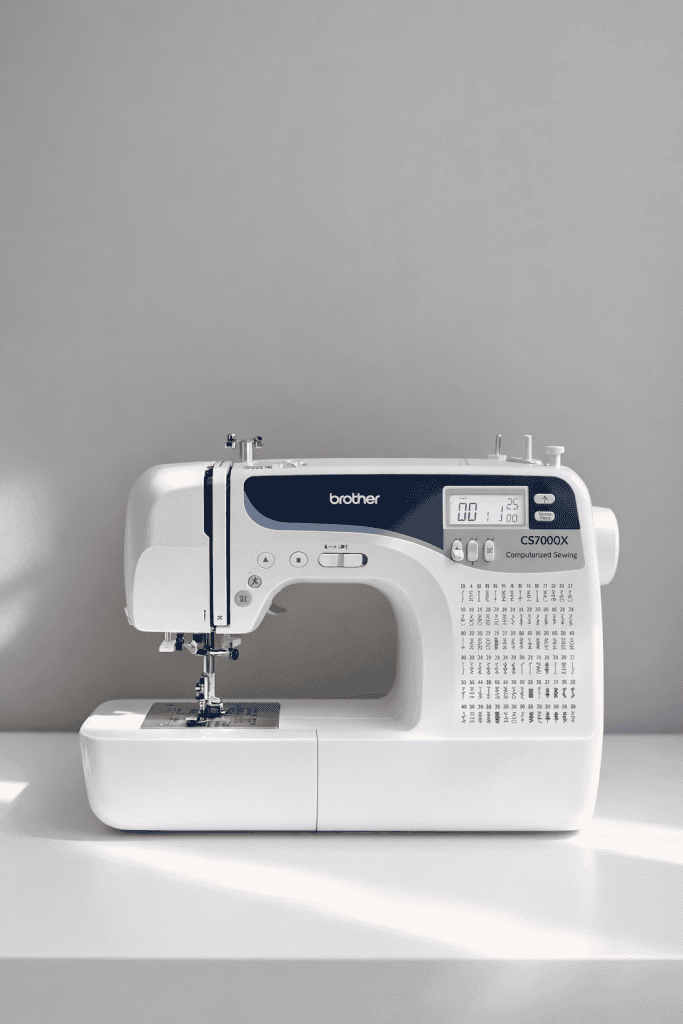 Brother CS7000X computerized sewing machine on white table near window