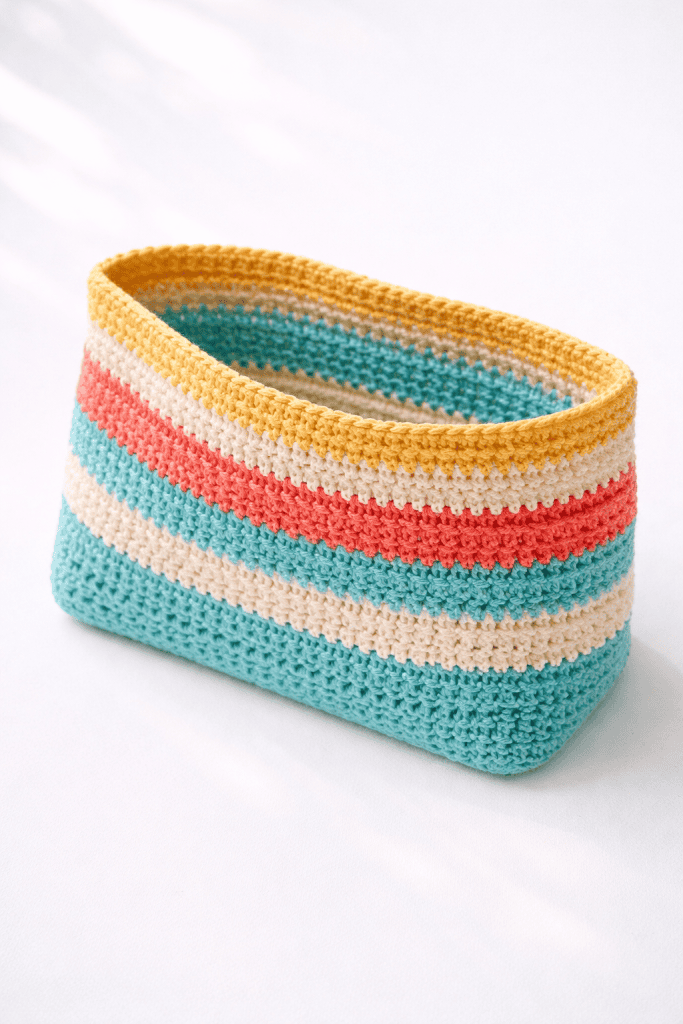 a handmade crochet beach bag insert (liner pouch) laid flat on a clean white table