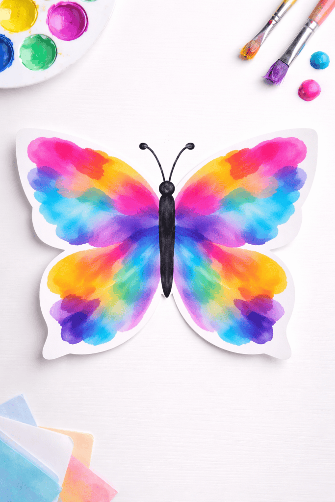 Colorful symmetrical butterfly ink blot painting on white paper, displayed on a clean white table.