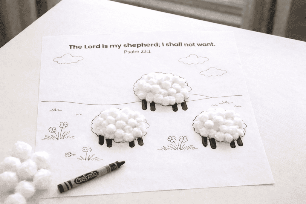 Cotton ball sheep craft with legs colored on a Psalm 23 printable before adding the sheep heads.