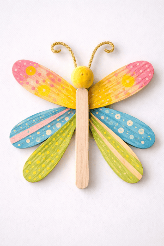 a handmade craft stick butterfly or dragonfly wall art piece laying flat on a clean white table.