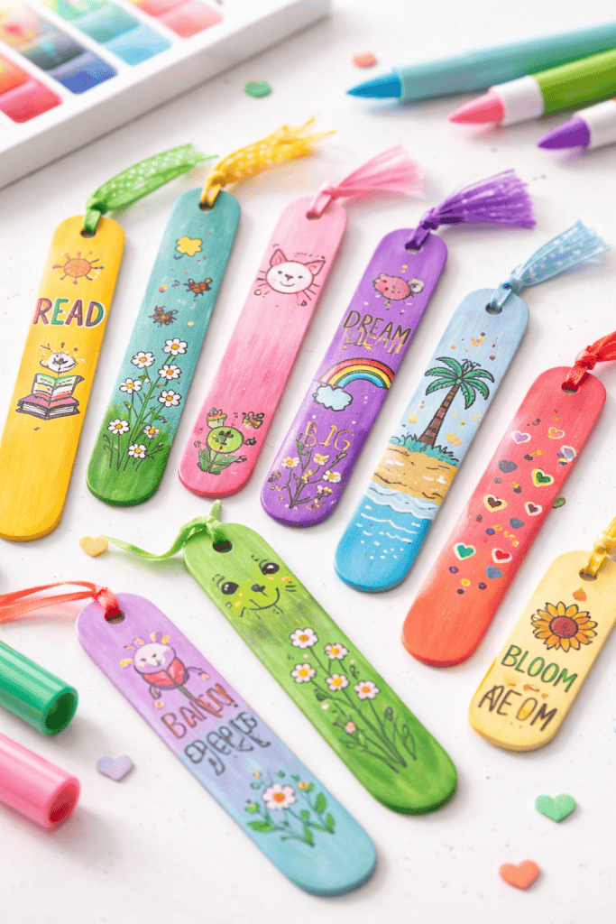 DIY craft stick bookmarks arranged neatly on a bright white table