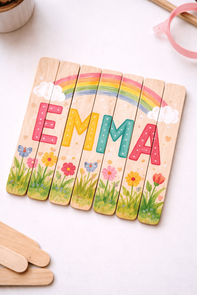 a DIY craft stick puzzle or name plaque arranged on a clean white table.
