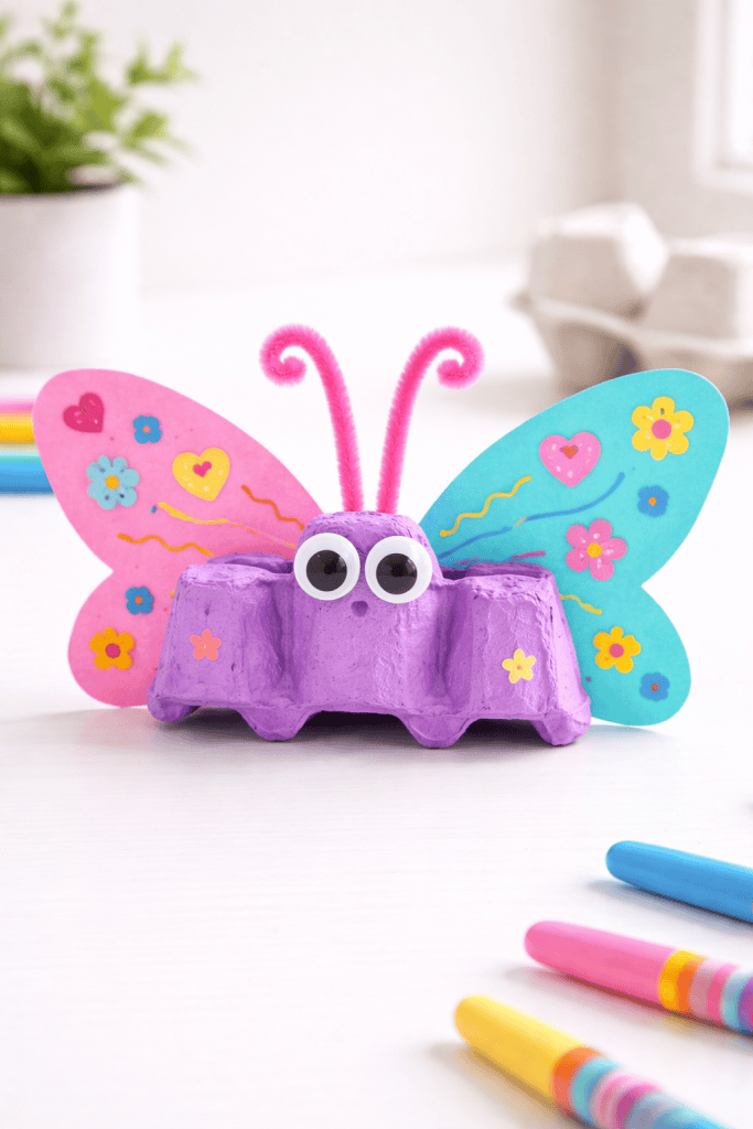 Egg carton butterfly craft with colorful wings, googly eyes, and pipe cleaner antennae on a white table.