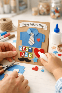 A partially completed handmade Father’s Day card or craft project is centered on the table.