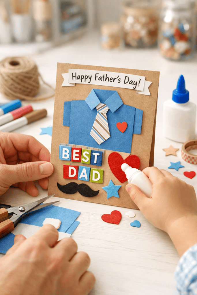 A partially completed handmade Father’s Day card or craft project is centered on the table.