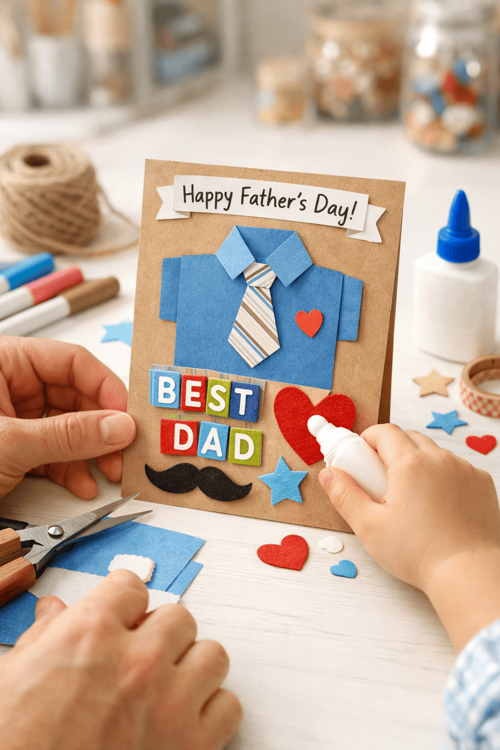 A partially completed handmade Father’s Day card or craft project is centered on the table.