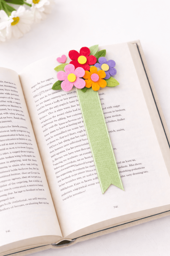 felt flower bookmark placed inside an open book on a bright white table