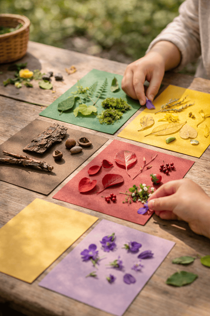 children sorting leaves, petals, bark, and berries onto colored cardstock to create a forest color matching collage during an outdoor nature activity