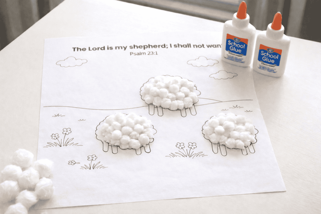 Psalm 23 sheep craft with cotton balls glued onto three sheep bodies on a printable Bible activity