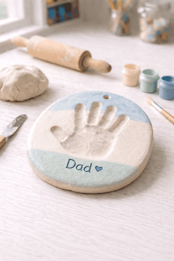 A dried air-dry clay keepsake is the central focus, featuring a clearly defined child’s handprint or footprint pressed into a smooth, slightly uneven clay surface.