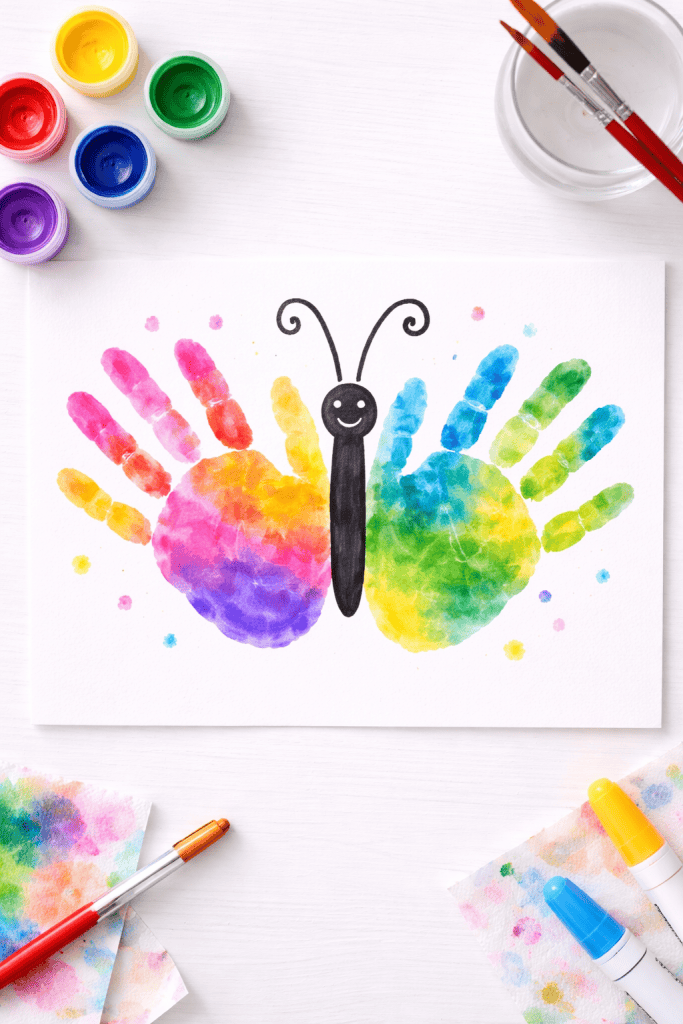 Colorful handprint butterfly painting with bright paint wings on white paper.