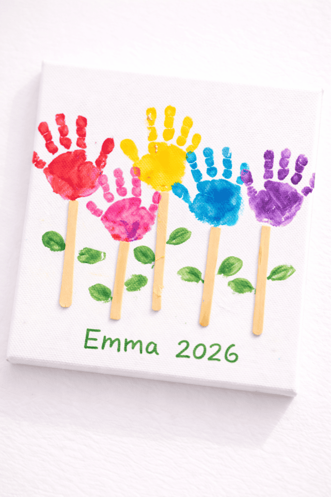 a kid-made handprint flower garden canvas placed on a plain bright white table